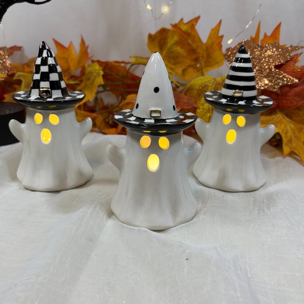 Becki Owens Ceramic Light Up Halloween Ghosts with Witch Hats  Set of 3 New